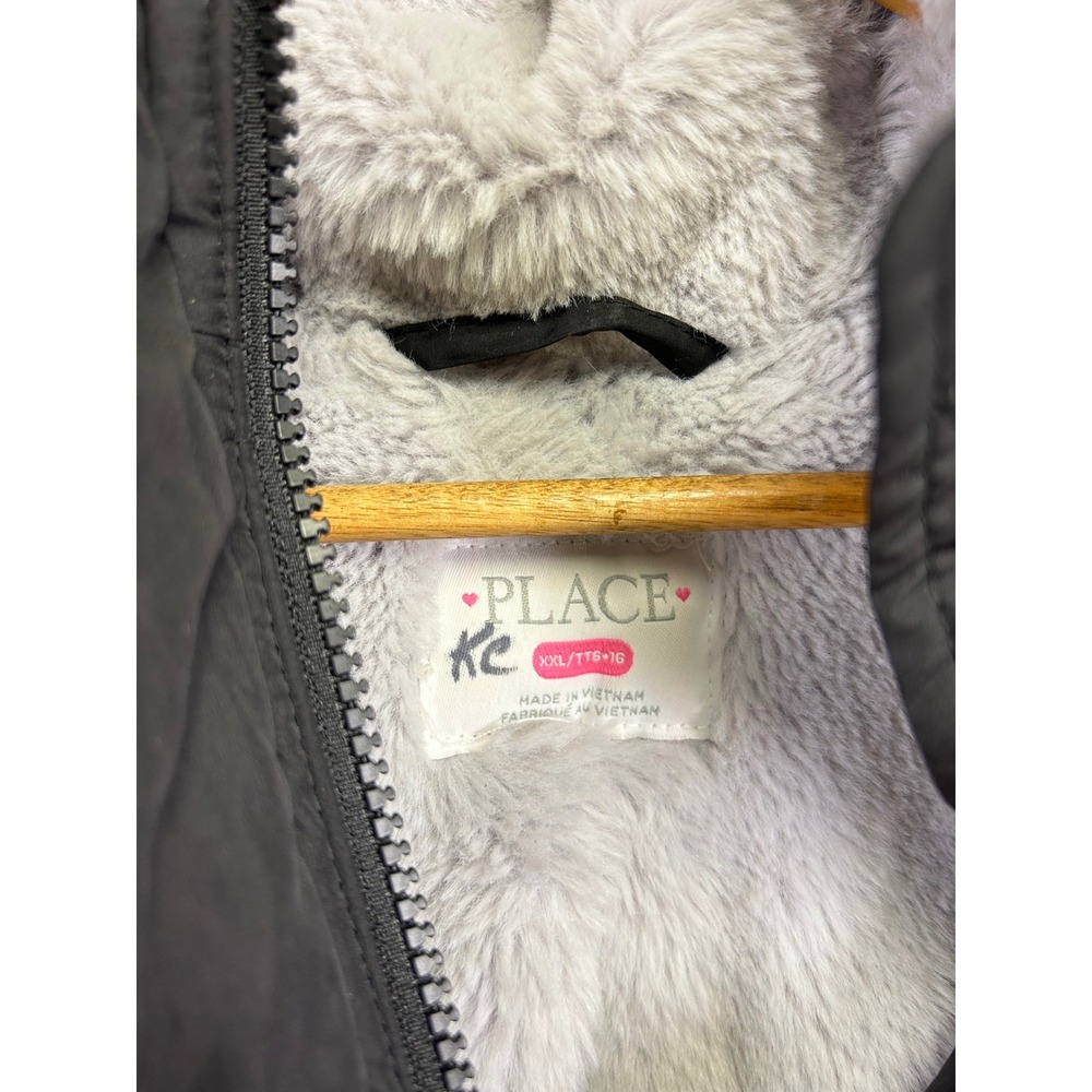 Childrens Place Girls Black Puffer Coat Faux Fur Hood Lined Winter Warm XXL 16 - Picture 2 of 13